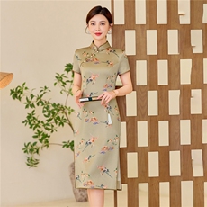 杭州品质真丝中长裙复古印花连衣裙女春夏日常修身潮流真丝旗袍，女装汉服/婚纱/旗袍/礼服，小荷流