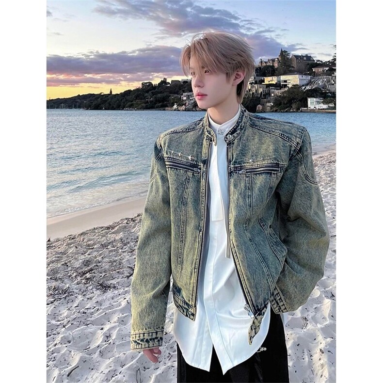 美式复古做旧水洗垫肩短款拼接牛仔外套潮牌无领夹克男JK1224，男装工装外套，星座208-5