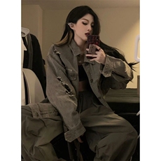 2025美式高街设计感水洗破洞牛仔外套男女春季做旧工装潮vibe夹克，男装夹克，星座506A