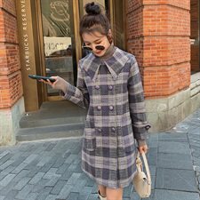 韩版时尚优雅格纹毛呢外套女秋冬季新款显瘦气质双排扣中长款大衣，女装毛呢外套，秋水欣儿