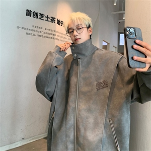 XJ416-特85控148 秋季PU皮衣外套男机车服字母刺绣大码宽松夹克图片