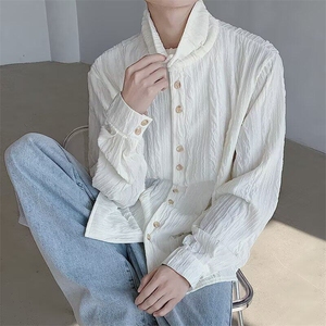 春夏高领法式复古新中式肌理感立领男宽松小众衬衫打底衫褶皱长袖图片