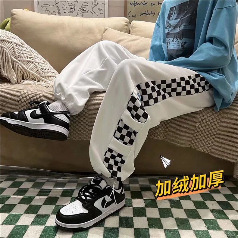 棋盘格裤子男春秋百搭潮流宽松痞帅美式加绒B384P35,男装休闲裤,星座1116-2