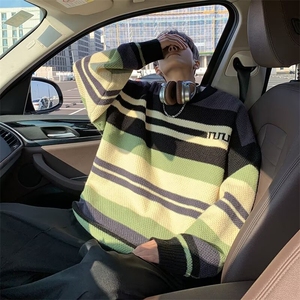 潮圆领毛衣男秋冬季撞色条纹针织衫长袖宽松型潮流休闲常规青少年图片