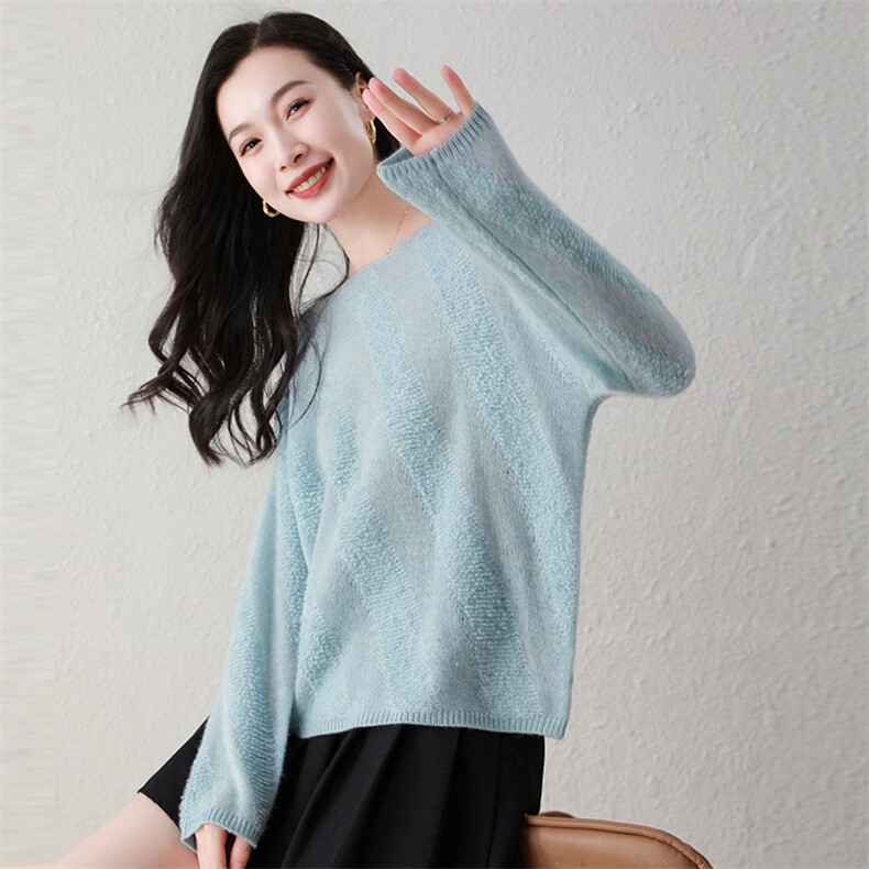 100%纯山羊绒秋冬新款时尚一字领斜条纹羊绒衫百搭上衣女,女装羊绒衫,阿舍尔精品