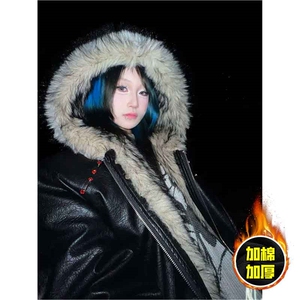 现货冬季美式潮牌痞帅PU皮机车服棉衣毛毛绒狼王座山雕皮棉服图片
