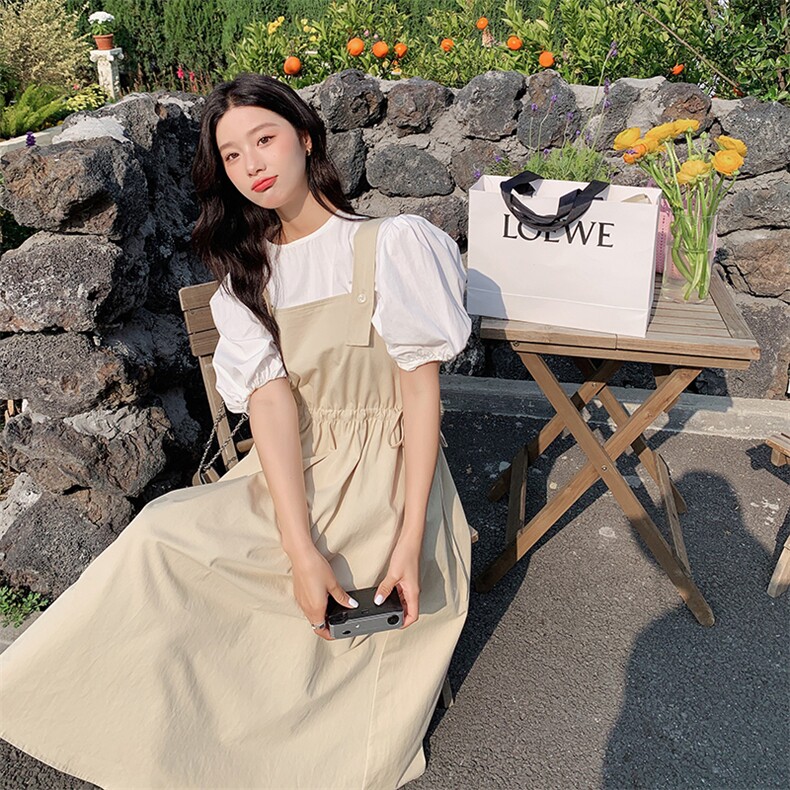 清纯系乖乖妹穿搭背带裙套装女2025夏减龄泡泡袖上衣两件套连衣裙,女装连衣裙,2C092