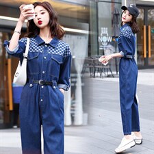 牛仔工装连体裤女2025春秋新款拼接格子高级感时尚流行连衣裤，女装连体裤，E百度