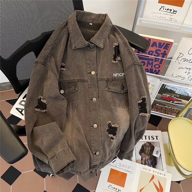 设计感破洞牛仔衬衫男春季新款复古美式夹克宽松百搭外套N891/P72,男装夹克,星座506B