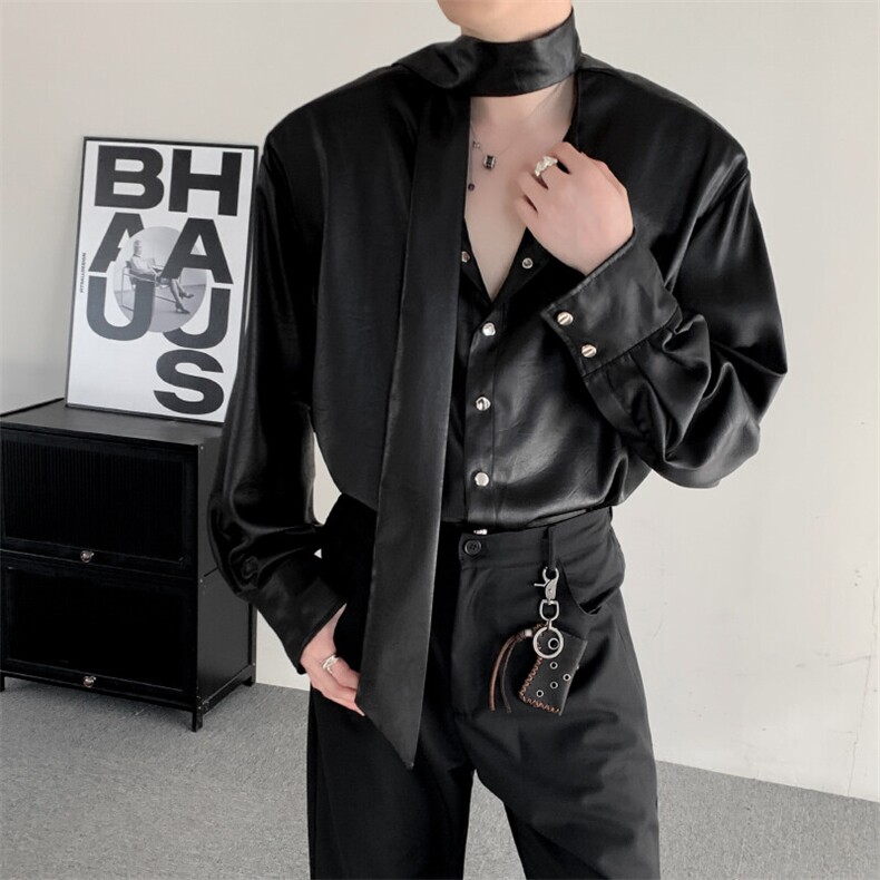 2025春季新款潮牌皮衬衫男士长袖韩版休闲潮流ins衬衣垫肩外套,男装衬衫,星座909