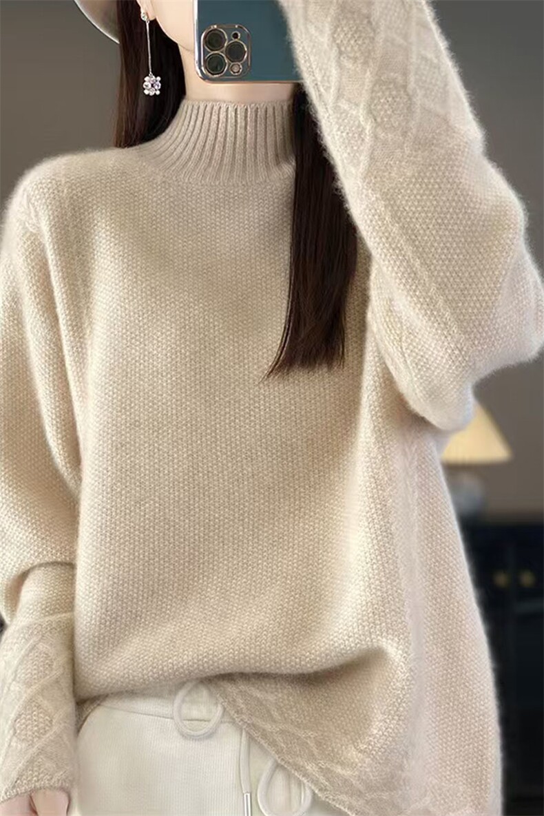 半高领毛衣女宽松爆款大码长袖秋冬装慵懒内搭中领羊毛针织打底衫,女装连衣裙,萱芳婷羊绒