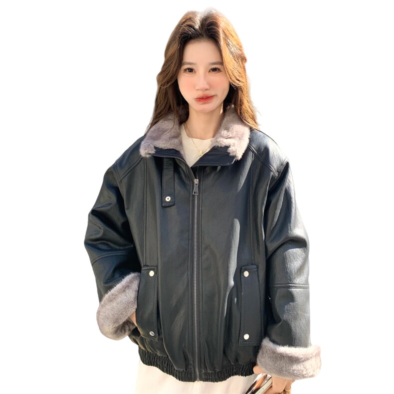 韩2026新款冬季仿兔绒皮衣外套女保暖内胆复古加厚夹克女,女装皮草,2C218