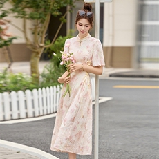 2025年夏季新款中长款新中式民族风旗袍收腰刺绣花连衣裙，女装连衣裙，简韵佳
