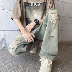美式破洞牛仔裤男夏季潮牌水洗宽松直筒ins炸街阔腿裤子G2221-P45，男装牛仔裤，星座1008