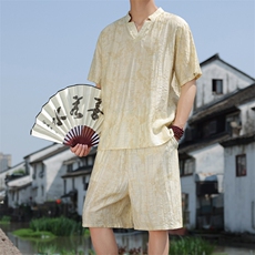 2025夏新款风男装新中式盘扣天丝提花套装短裤+短袖A99-P115，男装休闲套装，电商B277(原6028)