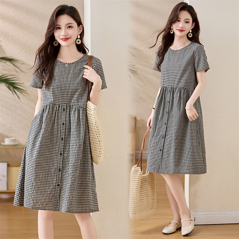黑白格子短袖棉麻连衣裙女2025夏季新款休闲文艺气质宽松显瘦裙子，女装连衣裙，姿衣坊