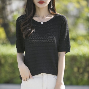 2025新款针织短袖T恤女夏季妈妈装洋气大码圆领宽松遮肚针织上衣