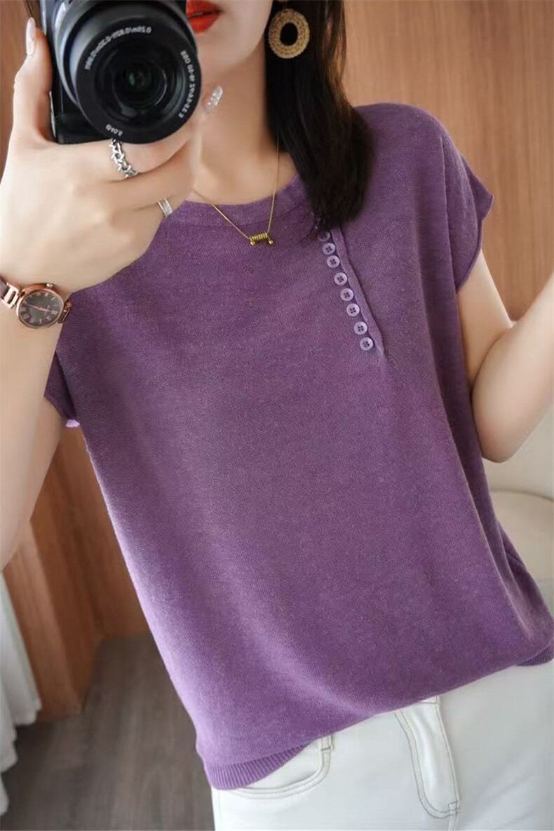 短袖T恤女夏2025年新款圆领宽松带扣棉麻针织上衣女薄款纯棉百搭,女装T恤,萱芳婷羊绒