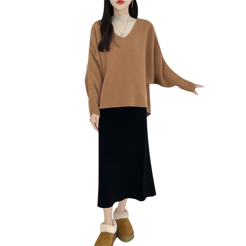 韩版高级感V领100%羊绒套装女慵懒宽松大码蝙蝠袖毛衣开叉半身裙,女装套装/套裙,美雪羊绒