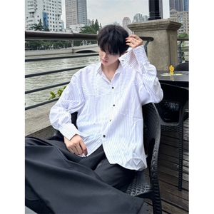 美式简约拼色条纹长袖衬衫男女高级感宽松百搭开衫衬衣 CTK57图片