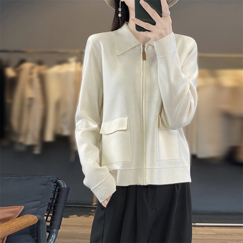 2025年秋季长袖修身型polo领夹克外套，女装短外套，巧奈羊绒
