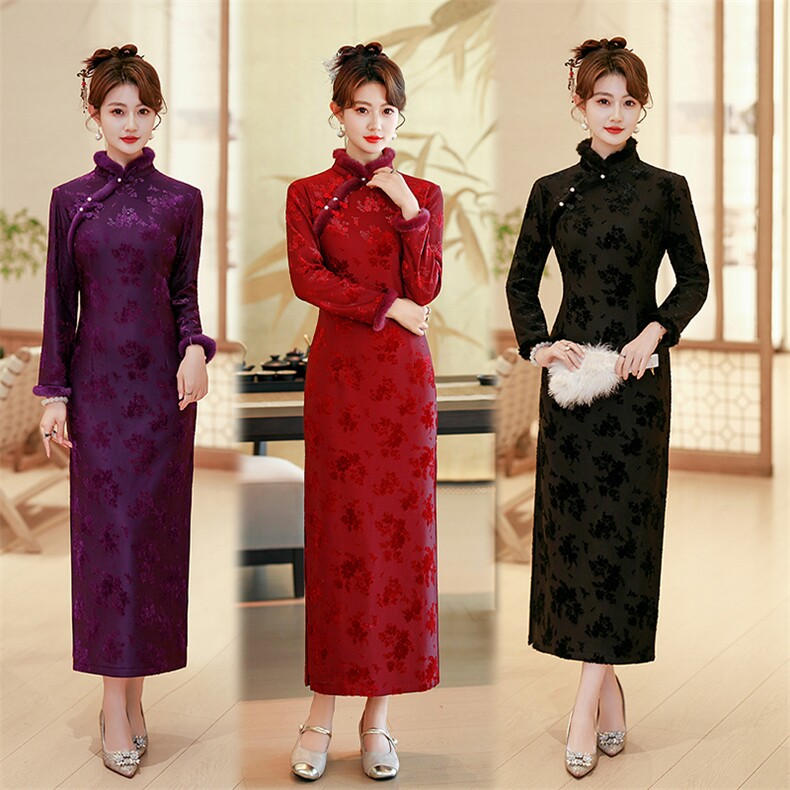 新中式风加绒毛领弹力植绒长款旗袍831P165，女装汉服/婚纱/旗袍/礼服，乐衣轩