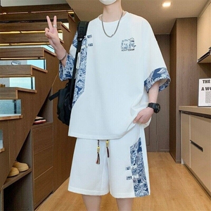 TZ25302-P55夏季休闲T恤短裤男两件套港风学生宽松短袖运动套装图片