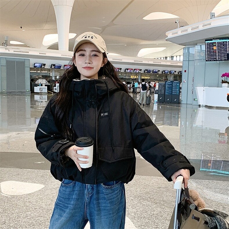 2024冬季新款韩版棉服女短款连帽小个子加厚时尚撞色棉衣外套潮,女装棉衣/棉服,冬木谷雨