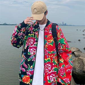 J01男女棒球领夹克外套东北大花汉服开衫左右拼接撞色潮男女图片