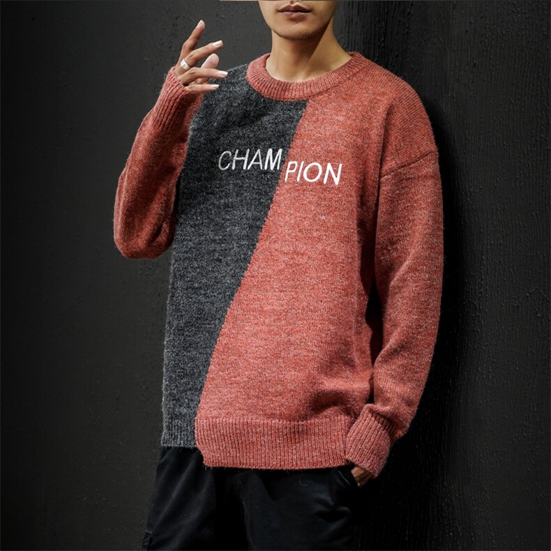 9201P30黑墙秋季新款男士双色拼接毛衣宽松圆领复古针织衫男,男装针织衫/毛衣,电商A026-1
