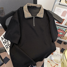 立领格子拼色T恤短袖美式高街宽松体恤衫XZ212-1-QXT2506-P38，男装T恤，星座212-1