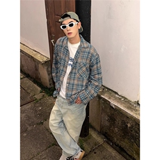 美式复古磨毛格纹长袖衬衫男女秋痞帅休闲潮港风格子衬衣外套，男装衬衫，星座1210-1