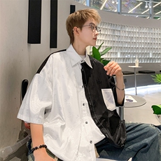 冰丝提花衬衫双拼色短袖港风休闲上衣XZ907-P30-控48，男装衬衫，星座907