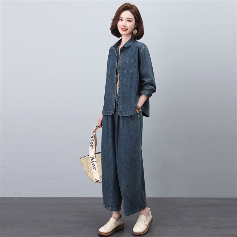 牛仔套装女2025年春秋新款时尚休闲宽松减龄洋气妈妈阔腿裤两件套,女装套装/套裙,悦见她