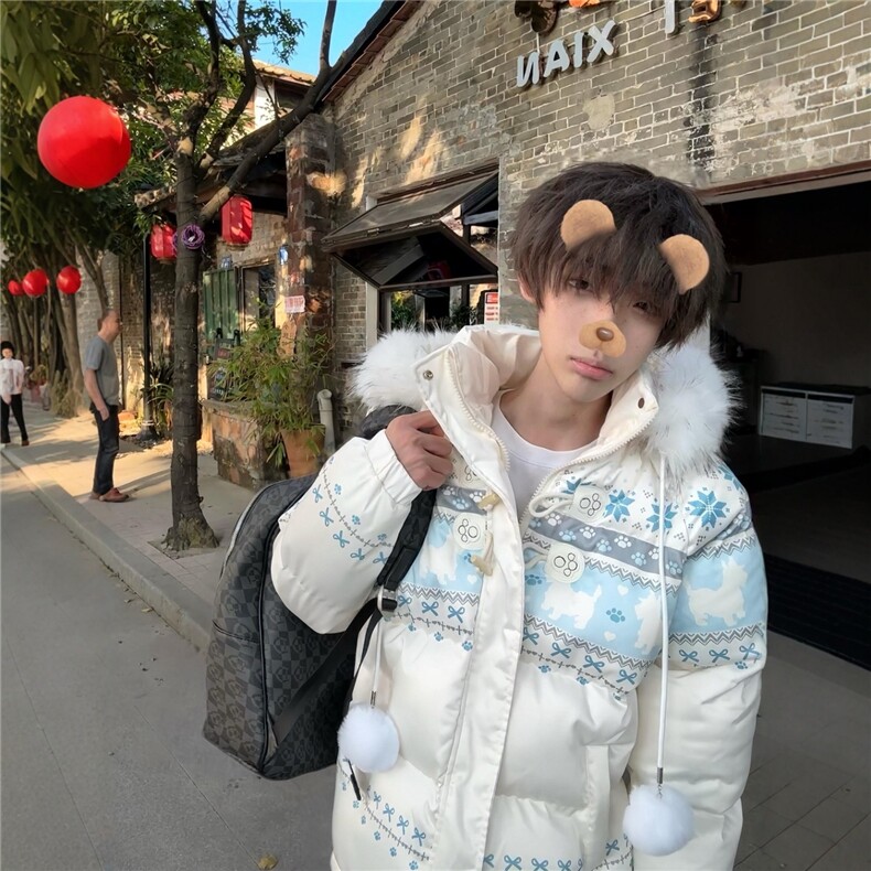 1506A/G78900/P99费尔岛复古雪花兔子毛领连帽棉服男女图片