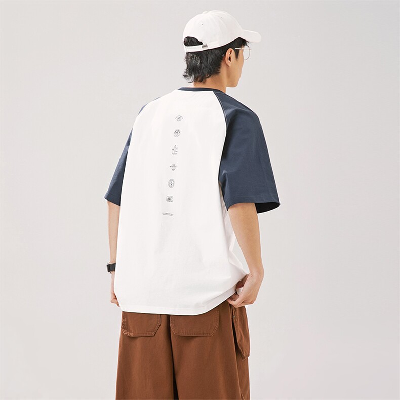 2024夏季新款男装日系潮牌纯棉拼接圆领宽松短袖休闲T恤T882-F44,男装T恤,电商A101（原外27）