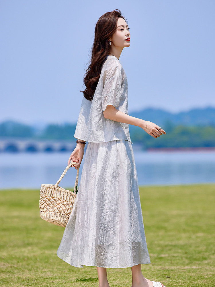 蓝色连衣裙套装女2025新款韩系夏日穿搭一整套短袖吊带裙子三件套,女装套装/套裙,靓衣阁