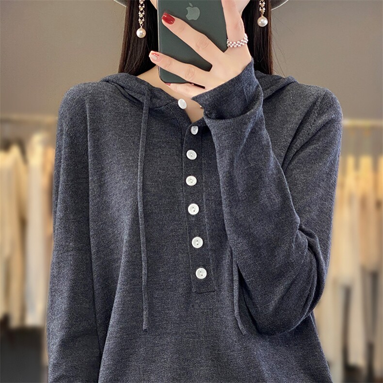 2025春秋新款连帽羊毛衫女宽松休闲针织毛衣半开领套头帽衫打底衫,女装羊毛衫,优麦羊绒（原洪叶羊绒）