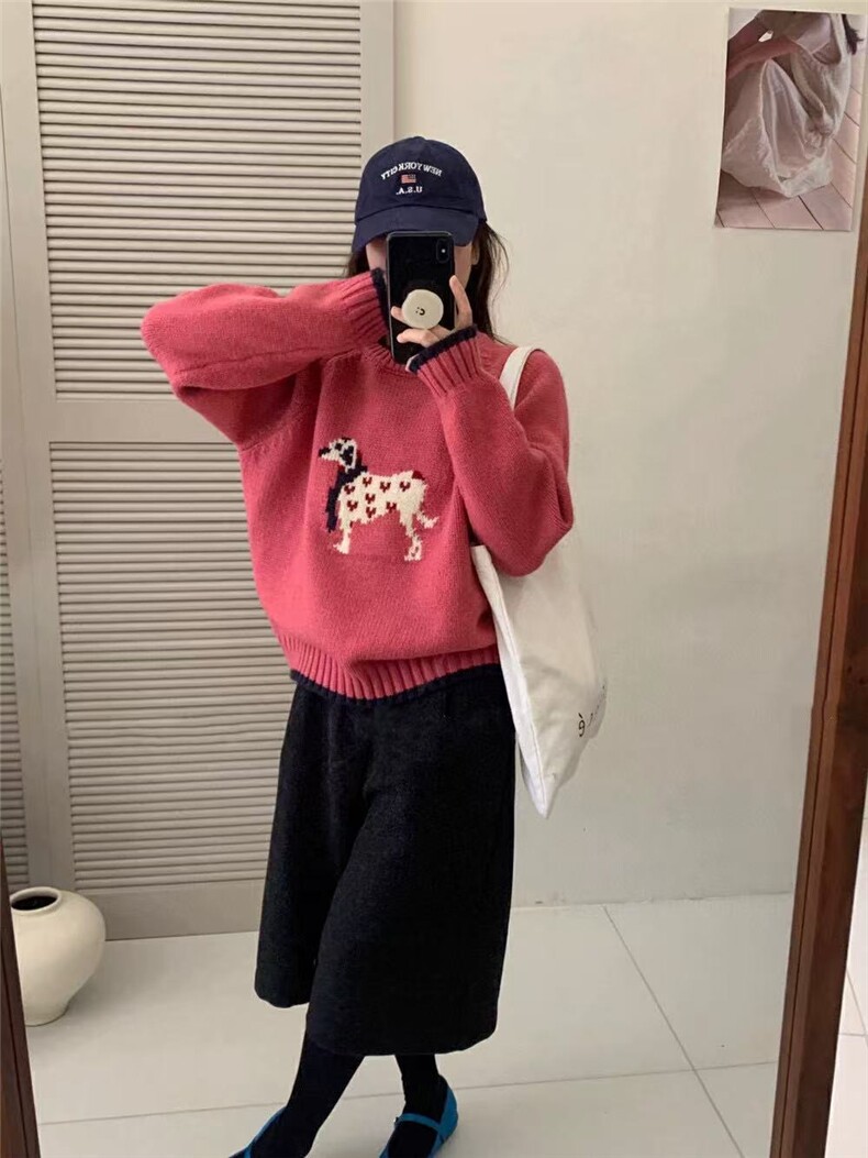 2025年秋季圆领长袖单件加厚斑点狗时尚百搭通勤,针织衫/毛衣,伊绒腾羊绒