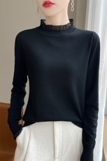 半高花边领纯色打底衫2024年秋冬女士针织衫新款，女装针织衫/毛衣，皓宇羊绒