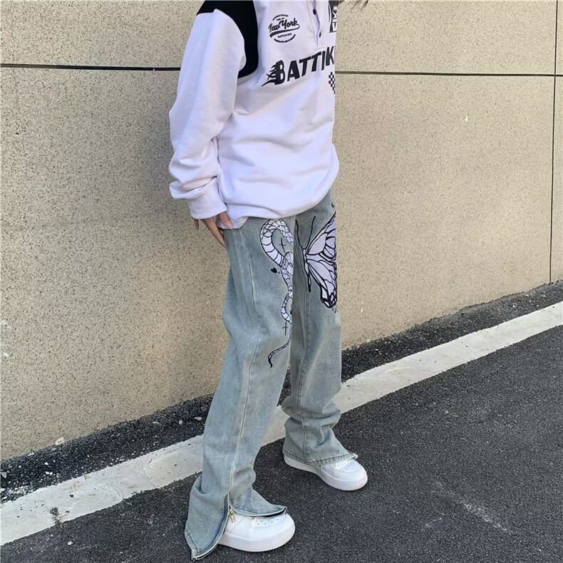 美式高街hiphop复古刺绣牛仔裤男宽松百搭拉链微喇叭休闲裤B22P65,男装牛仔裤,星座1116-2