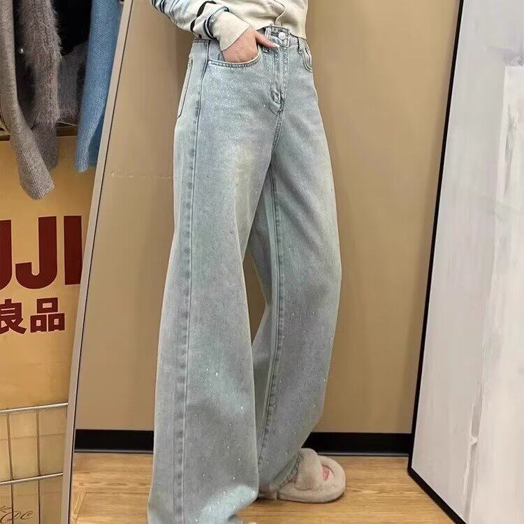 直筒牛仔裤新款重工显瘦百搭宽松休闲阔腿拖地-网图图片
