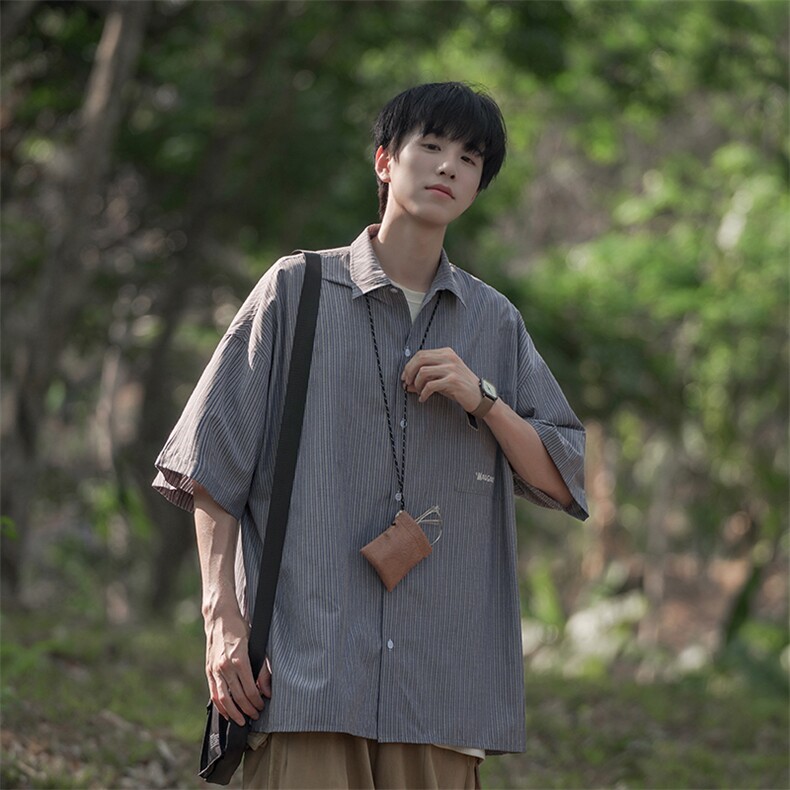 B225-C6065-P65-X85日系少年感条纹衬衫短袖男夏季阳光穿搭衬衣,男装T恤,电商B225