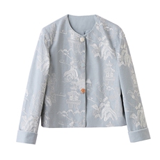 蓝色新中式刺绣外套女2026春秋新款独特漂亮减龄气质圆领上衣，女装短外套，美沁