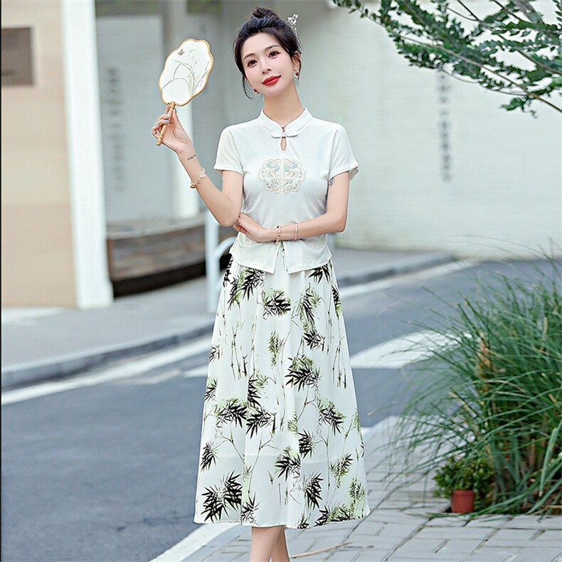 女童套装夏季2024新款女大童洋气新中式改良旗袍阔腿裤薄款两件套,女装套装/套裙,韩美纤衣