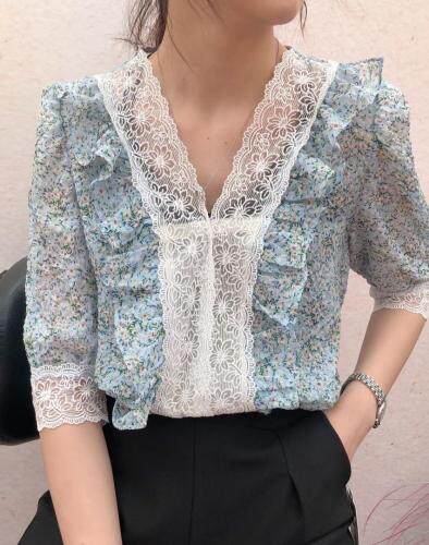 夏季新款珍珠压轴面料花色小衫，女装，格瑞琪