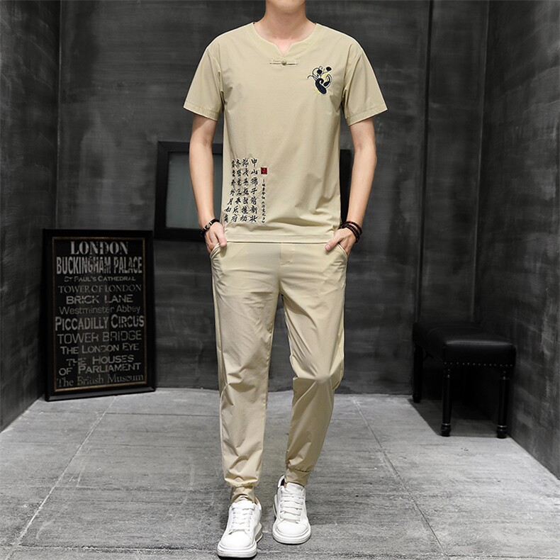 风刺绣短袖T恤套装男士大码宽松长裤男休闲复古潮HO15332-P58，男装休闲套装，星座1105-3