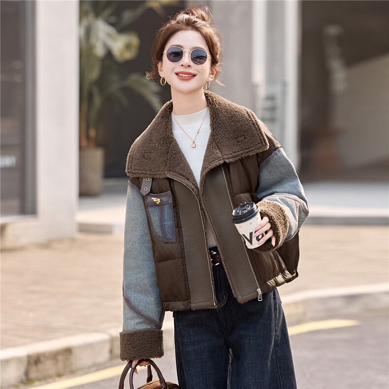牛仔拼接短款羽绒服女2025冬季新款翻领加厚保暖羽绒外套,女装羽绒服,美沁