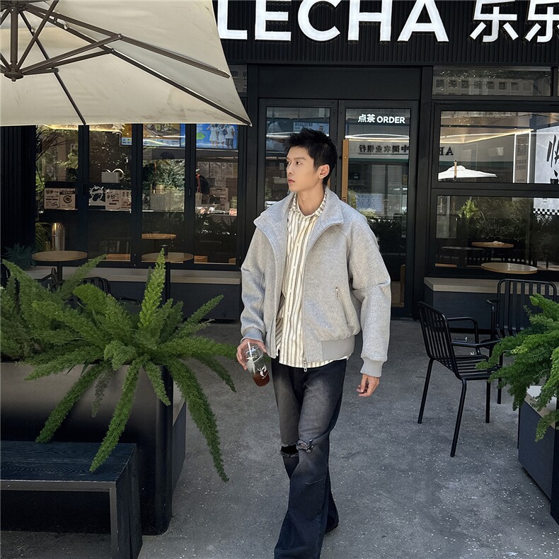 双拉链毛呢夹克外套秋冬短款呢子大衣宽松妮子风A236-JK632-P170,男装毛呢大衣,电商A236