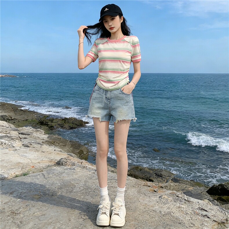 女夏季新款韩版运动休闲套装修身显瘦圆领条纹短袖牛仔短裤两件套,女装套装/套裙,江南